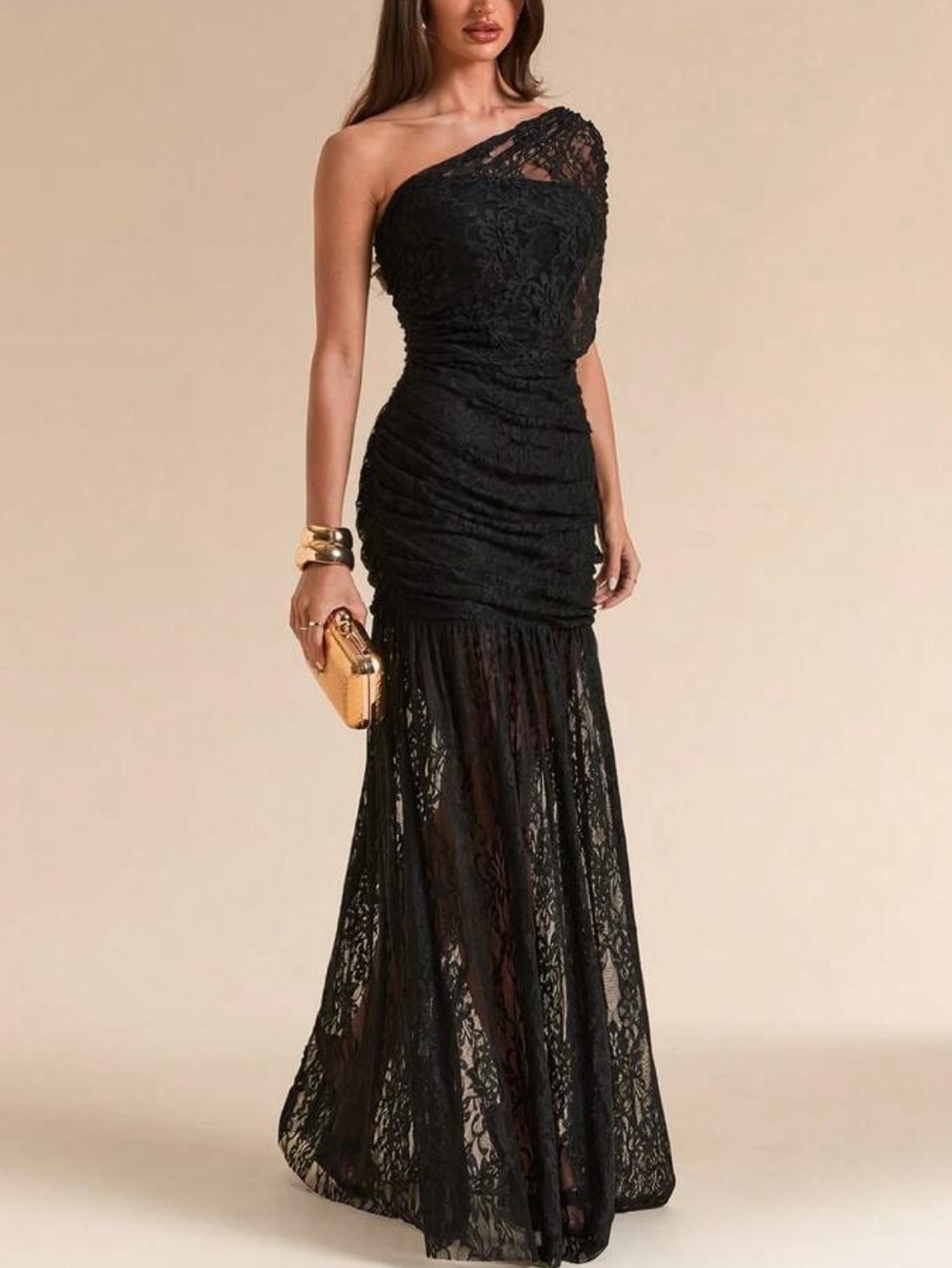 One-Shoulder Black Lace Evening Gown - Picture 6 of 7